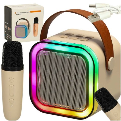 Zestaw do karaoke mikrofon + głośnik przenośny BLUETOOTH USB LED beżowy